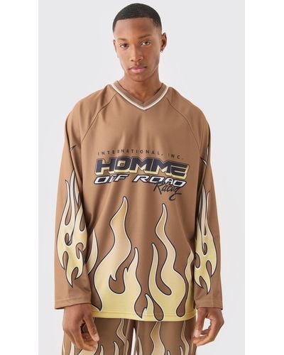 Boohoo Flame V Neck Mesh Long Sleeve T-shirt - Brown