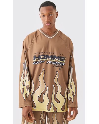 BoohooMAN Homme Flame V Neck Mesh Long Sleeve T-shirt - Brown