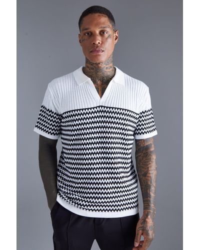 BoohooMAN V Neck Striped Knitted Polo - Gray