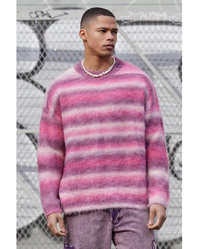 BoohooMAN Regular Knitted Brushed Stripe Sweater In Pink