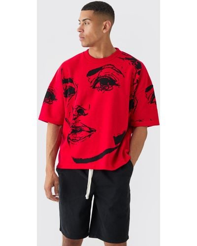 BoohooMAN Oversized Line Drawing Knitted T-shirt - Rot