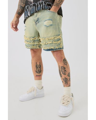BoohooMAN Relaxed Rigid Distressed Denim Shorts In Light Blue - Green