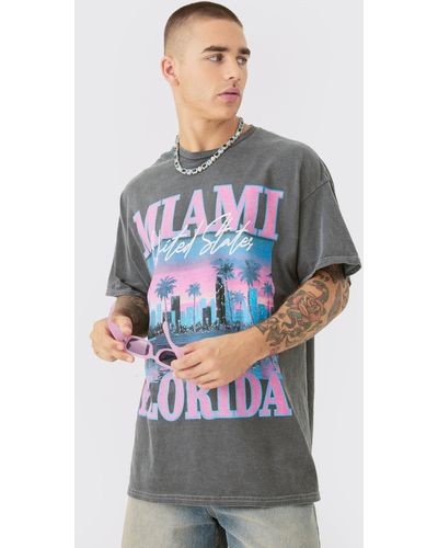 BoohooMAN Oversized Miami Florida Printed Wash T-shirt - Grey