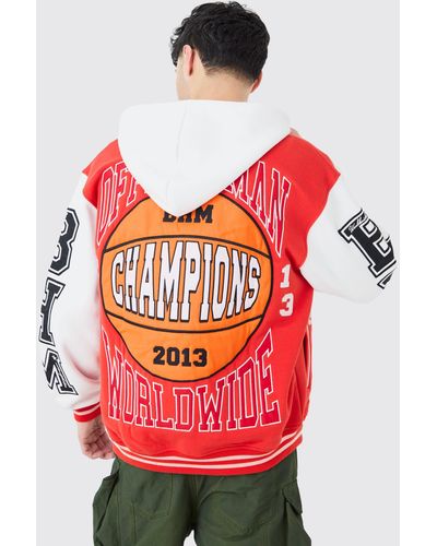 BoohooMAN Oversized Applique Basketball Jersey Varsity Jacket - Red