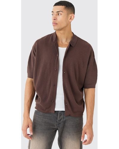 BoohooMAN Oversized Boxy Fit Short Sleeve Knitted Shirt - Brown