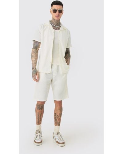 BoohooMAN Tall Drop Revere Linen Shirt & Short Set In Ecru - Natural