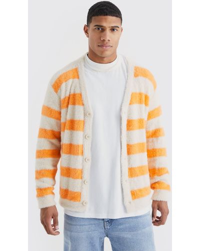 BoohooMAN Oversized Stripe Fluffy Cardigan - Orange