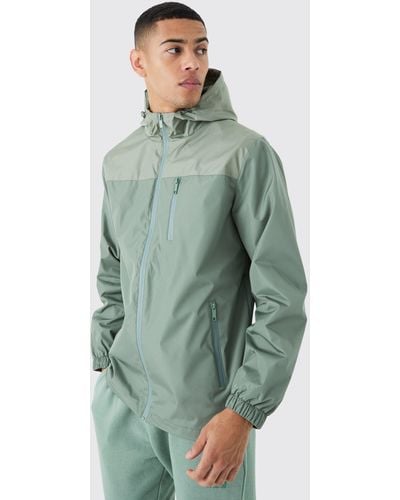 BoohooMAN Colour Block Hooded Zip Through Cagoule - Green