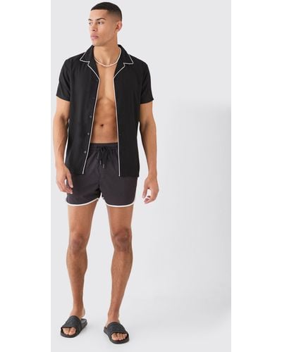 BoohooMAN Short Sleeve Plain Piping Shirt & Swim Set - Black