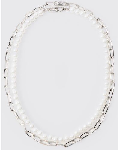 BoohooMAN 2 Pack Multi Layer Pearl And Chain Necklace In Silver - Weiß