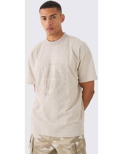 BoohooMAN Oversized Extended Neck Worldwide Embossed T-shirt - Natural