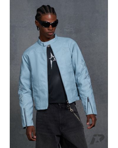 BoohooMAN Boxy Fit Applique Panelled Pu Moto Jacket - Blau