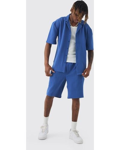 BoohooMAN Tall Herringbone Detail Shirt & Short Set In Cobalt - Blue