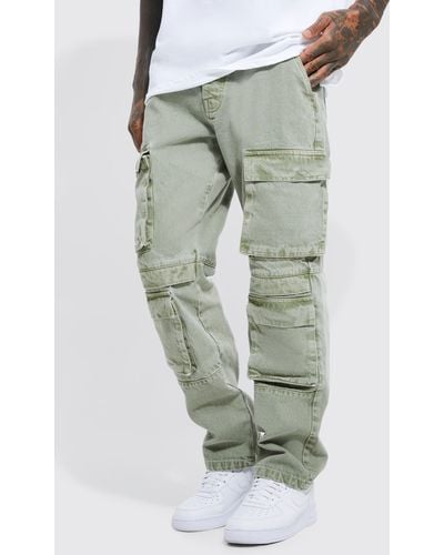 BoohooMAN Relaxed Fit Washed Multi Pocket Cargo Jeans - Gray