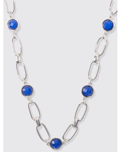 BoohooMAN Chain Necklace With Gem Stones In Silver - Blue