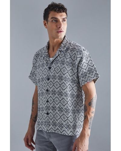 BoohooMAN Short Sleeve Boxy Floral Patterned Jacquard Shirt - Gray