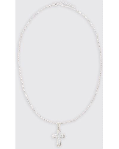 BoohooMAN Iced Cross Pendant Necklace In Silver - White