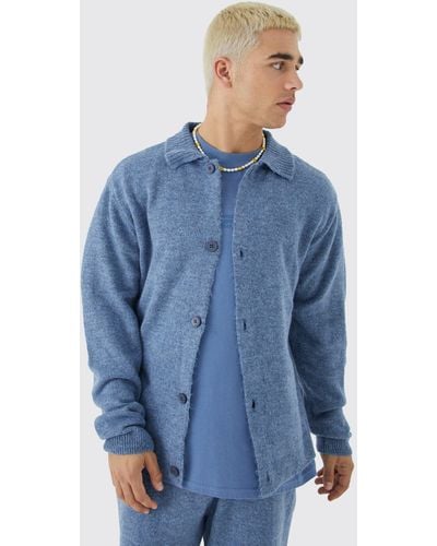 BoohooMAN Brushed Knitted Collared Cardigan - Blue