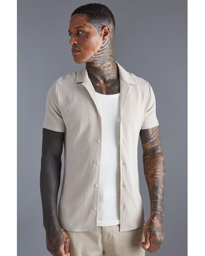 BoohooMAN Crinkle Muscle Dropped Revere Shirt - Gray