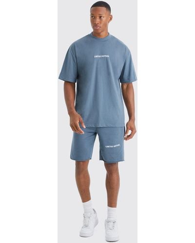 BoohooMAN Oversized Limited Raw Hem T-shirt & Short Set - Blue