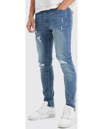 BoohooMAN Skinny Stretch Extreme Knee Rip Jeans - Blue