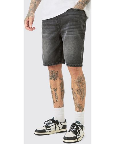 BoohooMAN Tall Elasticated Waist Relaxed Fit Denim Shorts In Washed Black - Grau