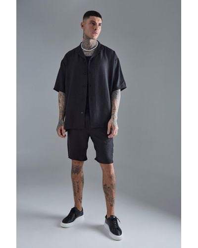 BoohooMAN Tall Short Sleeve Oversized Linen Shirt & Short Set In Black - Blue