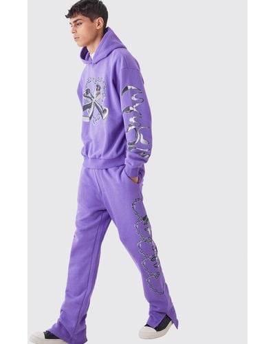 Boohoo Oversized Boxy Chain Graphic Hooded Tracksuit - Purple