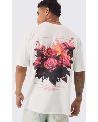 Boohoo Oversized Extended Neck Rose Flame Distressed Back Print T-shirt - White