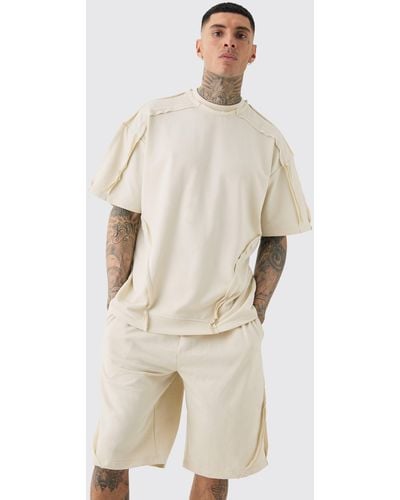 BoohooMAN Tall Oversized Extended Neck Distressed Seam T-shirt & Short Set - Natural