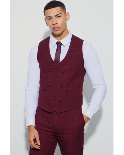 BoohooMAN Window Flannel Double Breasted Waistcoat - Red