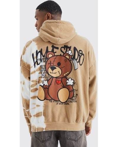 BoohooMAN Oversized Bleached Teddy Graphic Hoodie - Natural