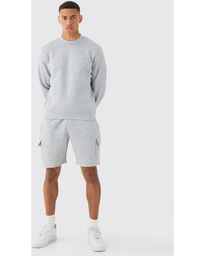 BoohooMAN Signature Extended Neck Cargo Sweat Short Tracksuit - Grey