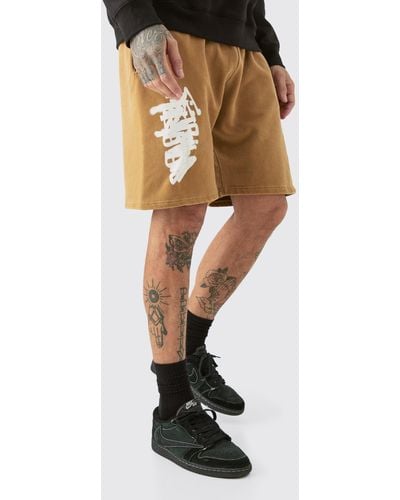 BoohooMAN Tall Loose Fit Overdye Graffiti Jersey Shorts - Brown