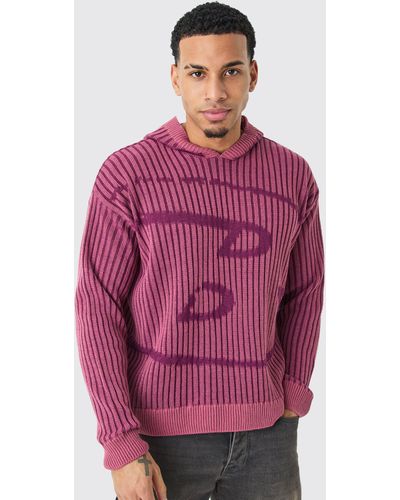 BoohooMAN Oversized Boxy Branded Knitted Hoodie - Pink
