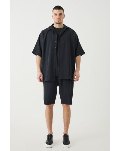 BoohooMAN Tall Oversized Short Sleeve Pleated Shirt & Short Set - Black