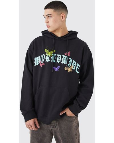 BoohooMAN Oversized Worldwide Butterfly Graphic Hoodie - Blue