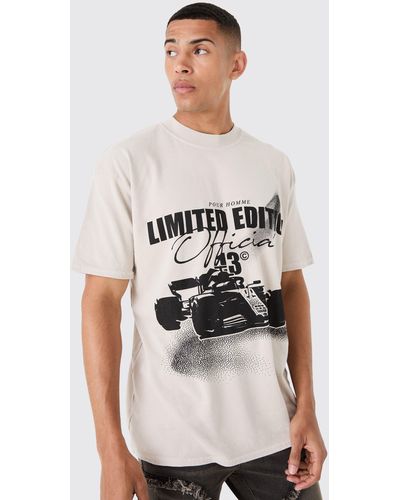 BoohooMAN Loose Washed Race Car Print T-shirt - Natural