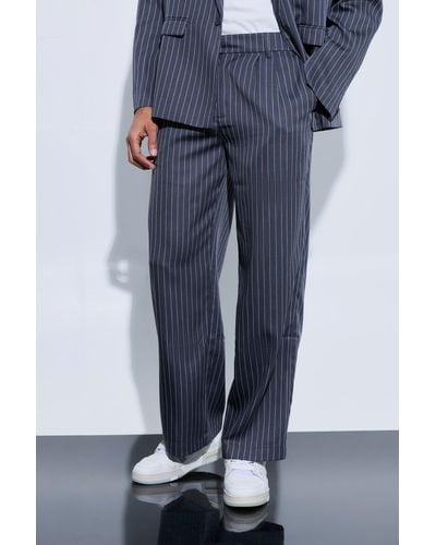 BoohooMAN Pinstripe Relaxed Wide Leg Suit Pants - Blue