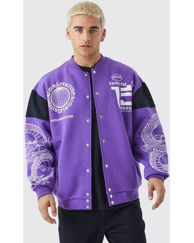 BoohooMAN Oversized Jersey Bomber With Foil Print - Purple