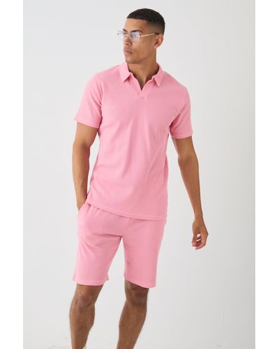 BoohooMAN Slim Waffle Revere Polo And Shorts Set - Pink