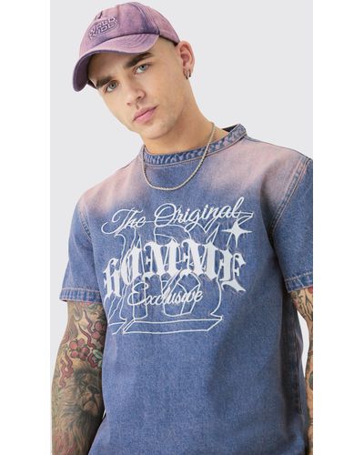 BoohooMAN Embroidered Short Sleeve Denim Shirt In Pink - Blue