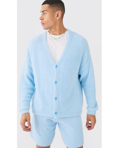 BoohooMAN Fluffy Knit Cardigan In Light Blue