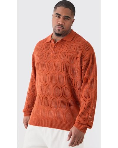 BoohooMAN Plus Oversized Long Sleeve Crochet Knit Polo In Rust - Orange