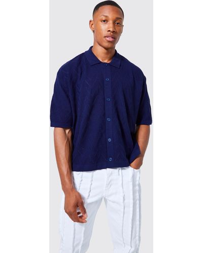 Boohoo Short Sleeve Boxy Open Stitch Knitted Shirt - Blue