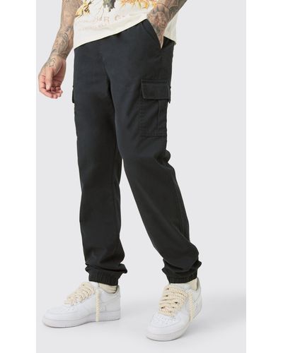 BoohooMAN Tall Elastic Waist Twill Slim Fit Cargo Trouser - Schwarz