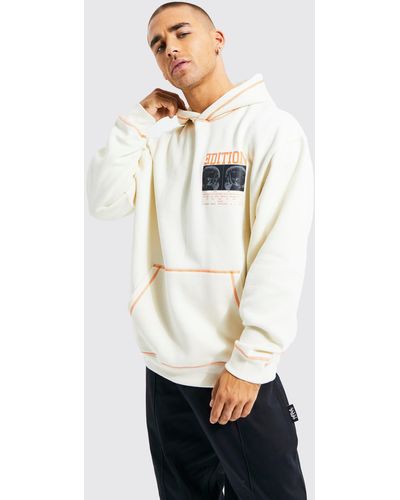 BoohooMAN Oversized Contrast Stitch Graphic Hoodie - White