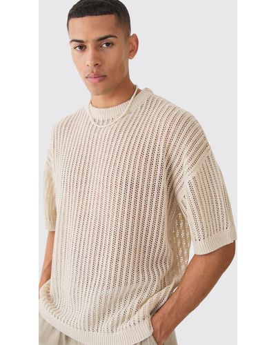 BoohooMAN Oversized Drop Shoulder Open Stitch T-shirt In Stone - Natural
