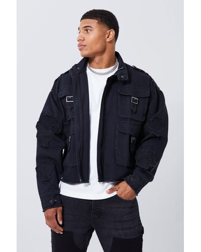 BoohooMAN Boxy Distressed Cross Applique Twill Jacket - Blue