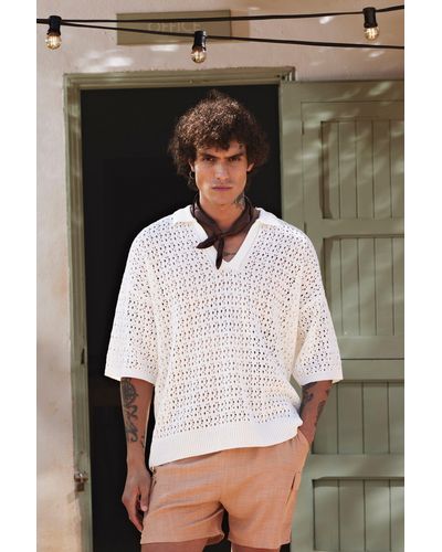 BoohooMAN Knitted Drop Shoulder Oversized Open Polo - White